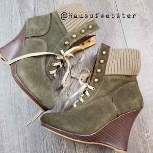 Olive green suede wedge booties